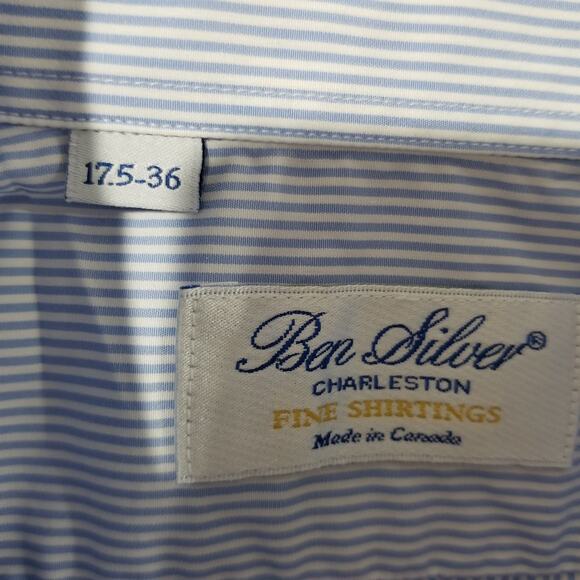 Ben Silver Shirt Mens 17.5 36 Blue Stripe Button Down Dress Classic Pocket - Picture 4 of 13